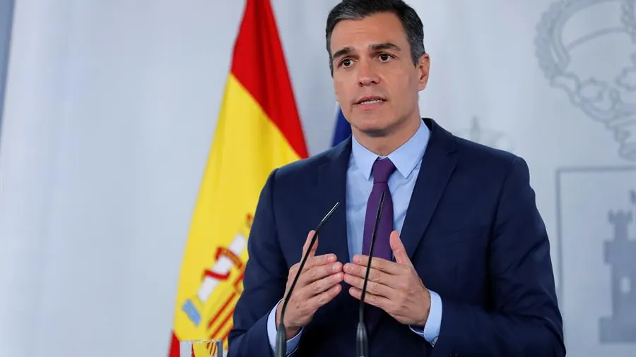 El presidente del Gobierno, Pedro Sánchez, este mediodía en el Palacio de la Moncloa.