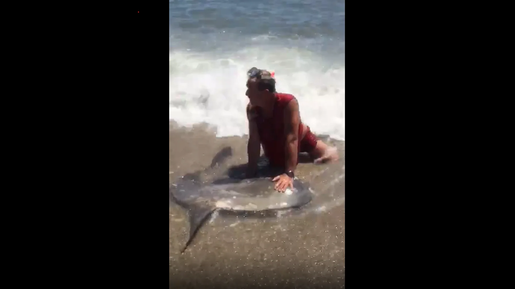 Captura del vídeo en el que puede verse como el hombre retiene al pez luna en la orilla.