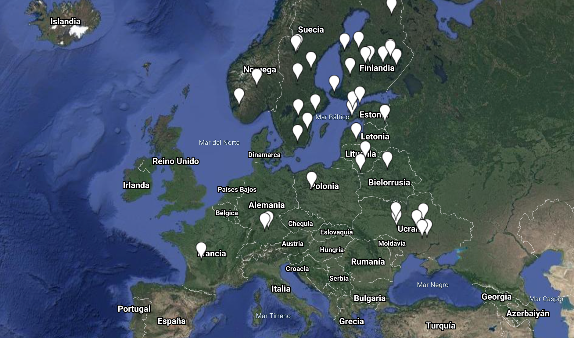 Puntos donde se han identificado cráteres de impacto. 