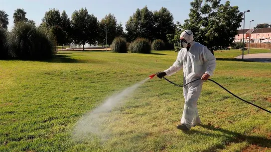 Un operario fumigando en Coria del Río por el virus del Nilo Un operario fumigando en Coria del Río por el virus del Nilo