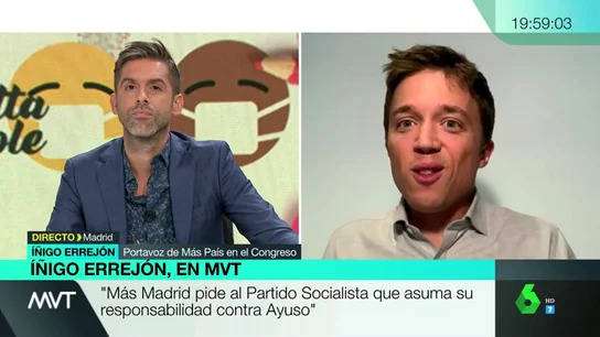 Errejón pide a Sánchez que tome "cartas en el asunto" ante el "desastre" de Ayuso: "Está siendo un caos" Errejón pide a Sánchez que tome "cartas en el asunto" ante el "desastre" de Ayuso: "Está siendo un caos"