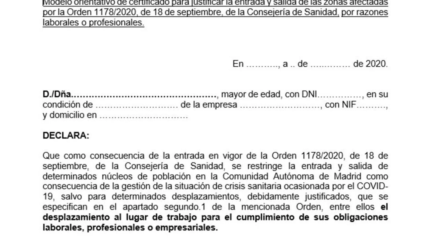 Este es el modelo de justificante para entrar y salir de las zonas con restricciones por el coronavirus en Madrid Justificante Comunidad de Madrid