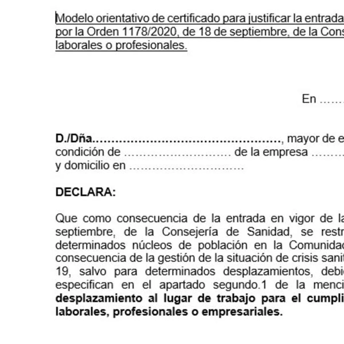 Este es el modelo de justificante para entrar y salir de las zonas con  restricciones por coronavirus en Madrid