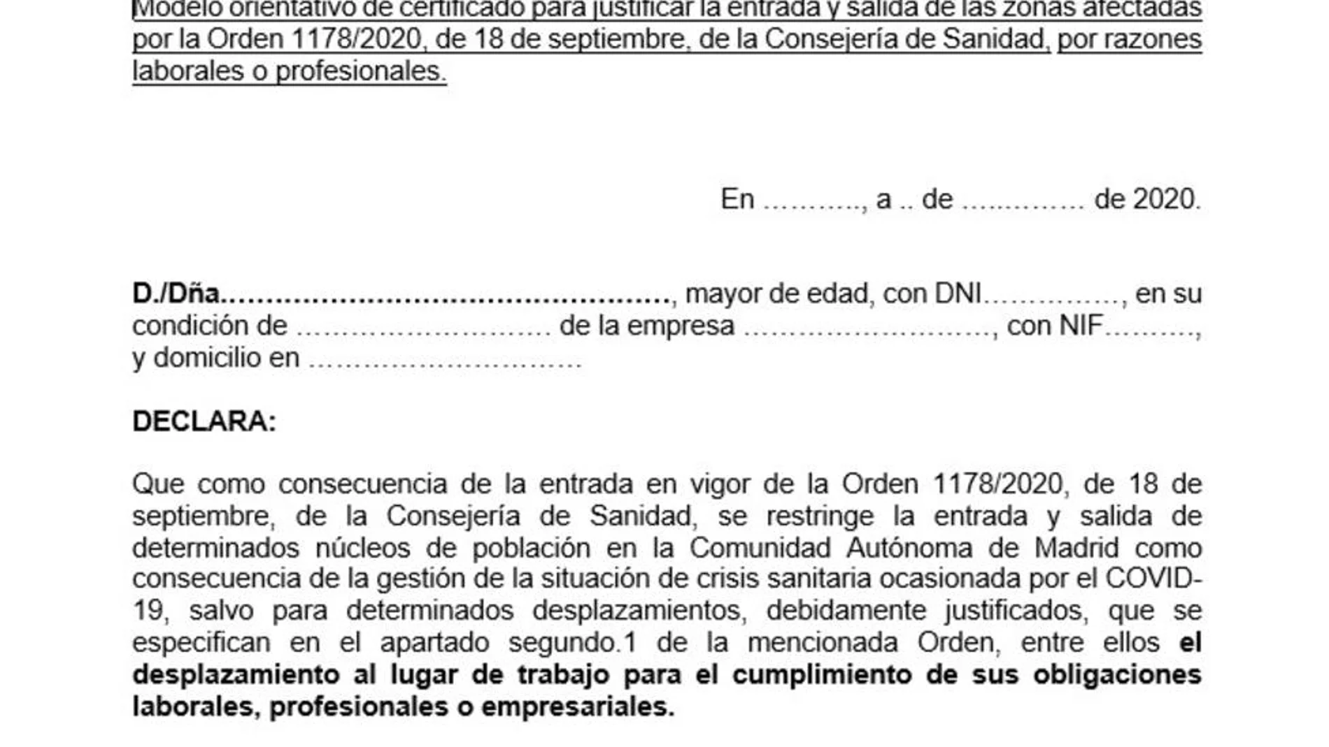 Este es el modelo de justificante para entrar y salir de las zonas con restricciones por el coronavirus en Madrid