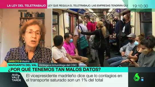 La investigadora del CSIC Margarita del Val en Más Vale Tarde La viróloga Margarita del Val desmiente a Aguado: "La mascarilla no es garantía de que no nos vamos a contagiar en el transporte"