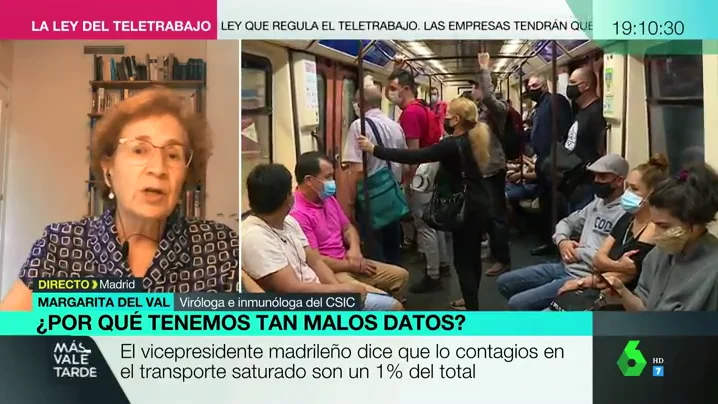 La viróloga Margarita del Val desmiente a Aguado: "La mascarilla no es garantía de que no nos vamos a contagiar en el transporte"