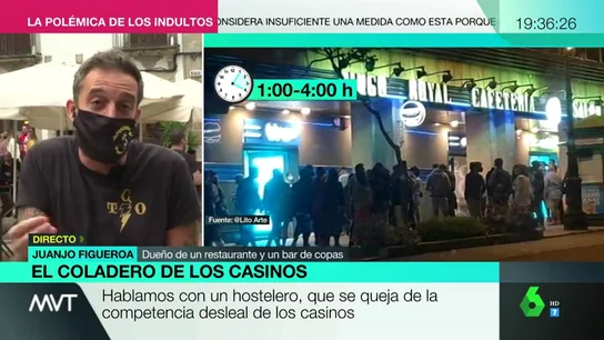 Hosteleros critican el agravio comparativo con los casinos: "Nos obligan a cerrar a la 1, y los jóvenes se van a apostar" Hosteleros critican el agravio comparativo con los casinos: "Nos obligan a cerrar a la 1, y los jóvenes se van a apostar"
