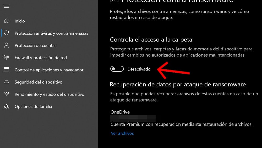 Activa la protección contra ataques de ransomware en Windows 10.