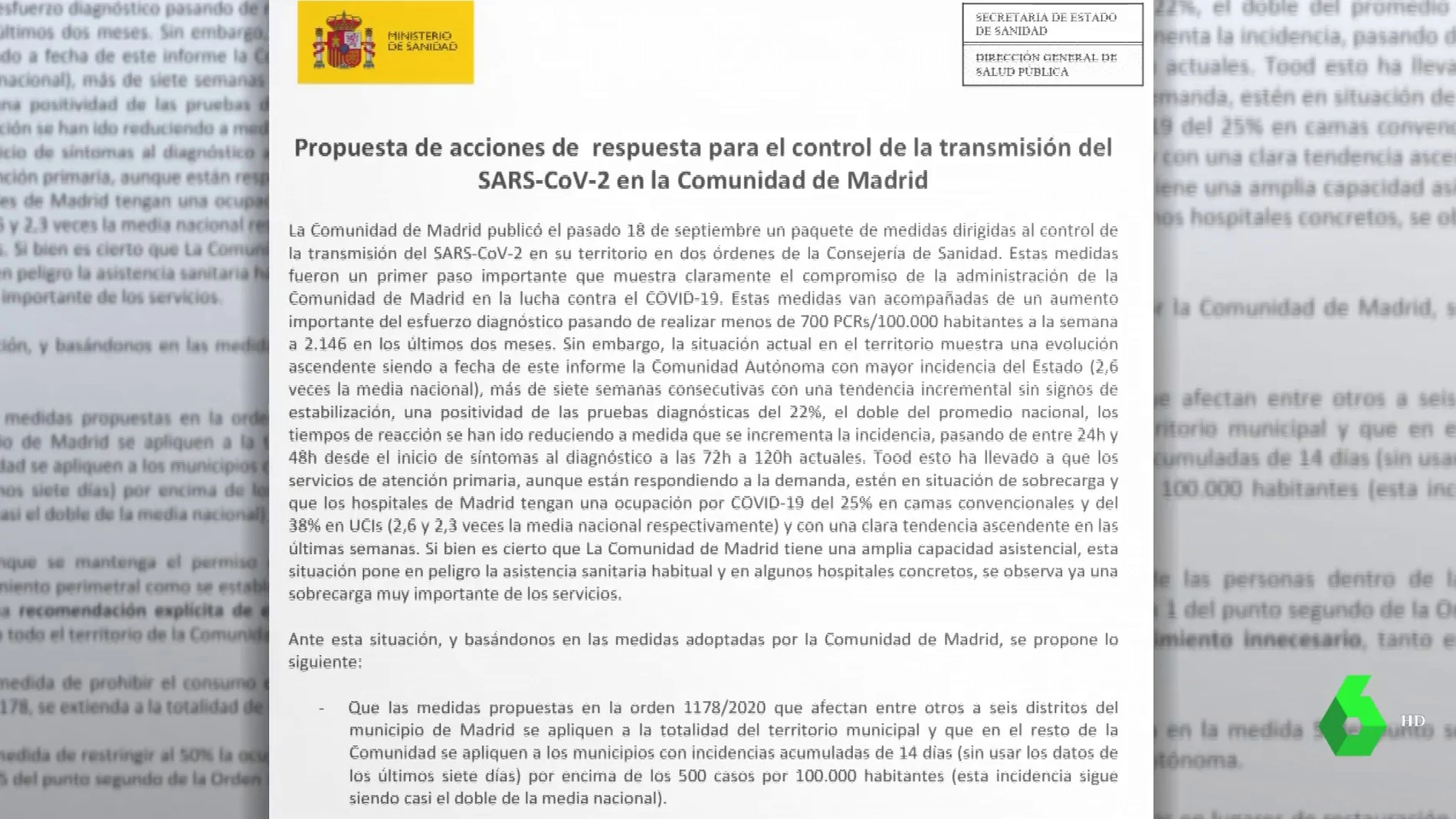 Documento entregado por Sanidad a la Comunidad de Madrid
