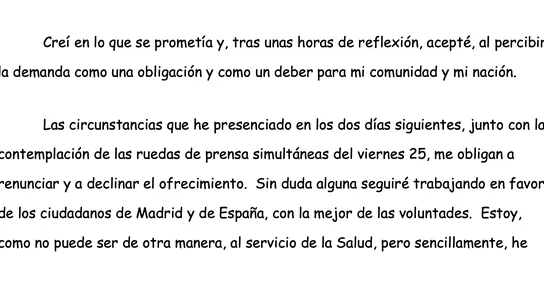 Carta de dimisión de Emilio Bouza como portavoz del Grupo Covid-19 Carta de dimisión de Emilio Bouza como portavoz del Grupo Covid-19