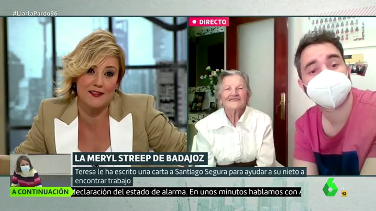 Liarla Pardo sorprende a Teresa, la abuela que escribe a famosos y graba vídeos virales para ayudar a su nieto a encontrar trabajo Liarla Pardo sorprende a Teresa, la abuela que escribe a famosos y graba vídeos virales para ayudar a su nieto a encontrar trabajo