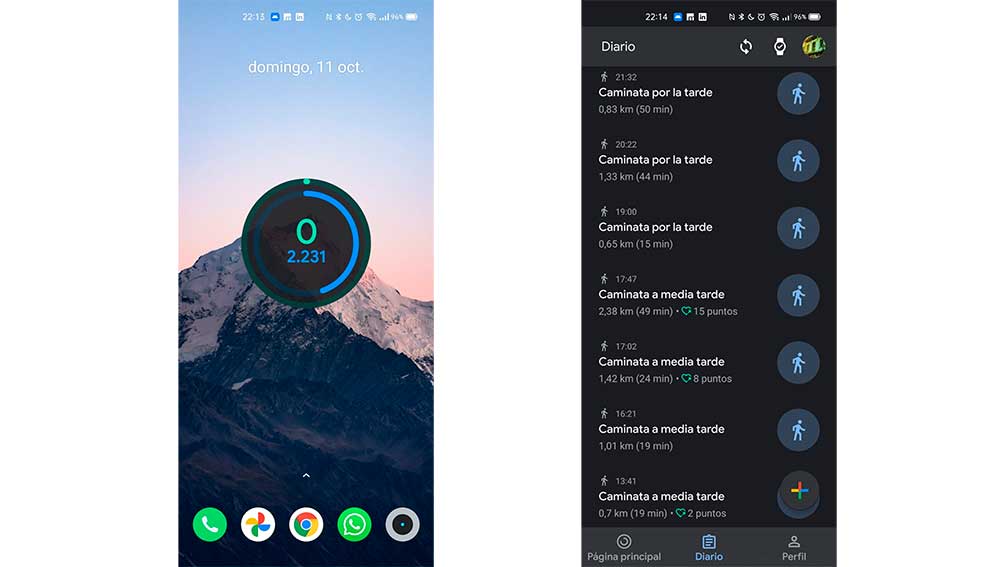 El widget de Google Fit con los pasos y las caminatas diarias