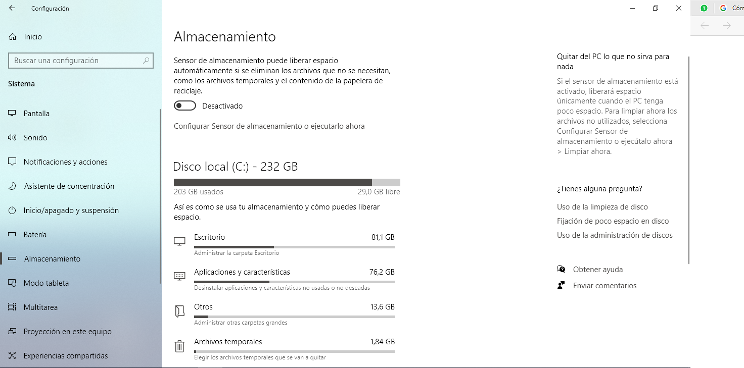 Almacenamiento Windows 10