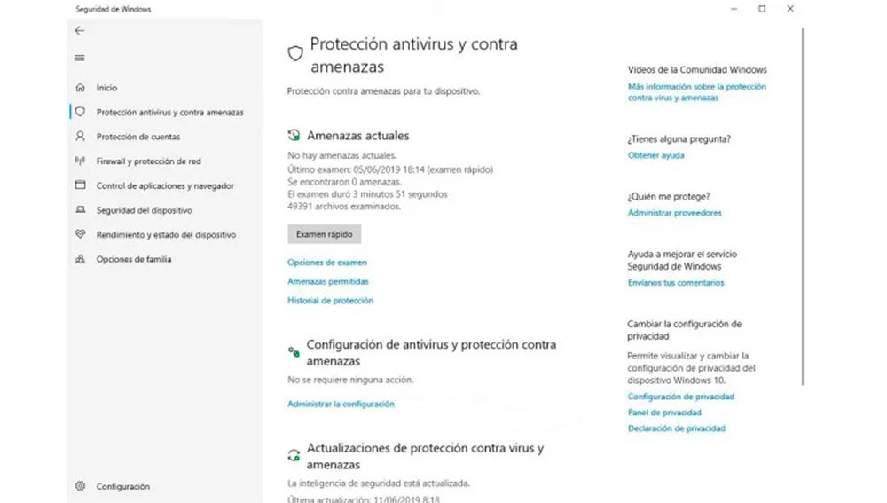 Menú de Windows Defender