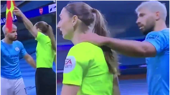 El Kun Agüero pone su mano en el hombro de la jueza de línea El Kun Agüero pone su mano en el hombro de la jueza de línea