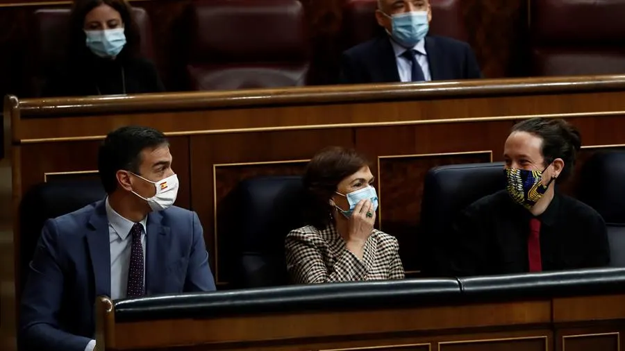 Pedro Sánchez, Carmen Calvo y Pablo Iglesias en el Congreso