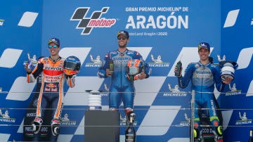 Àlex Rins, Alex Márquez i Joan Mir: podi espanyol al GP d'Aragón