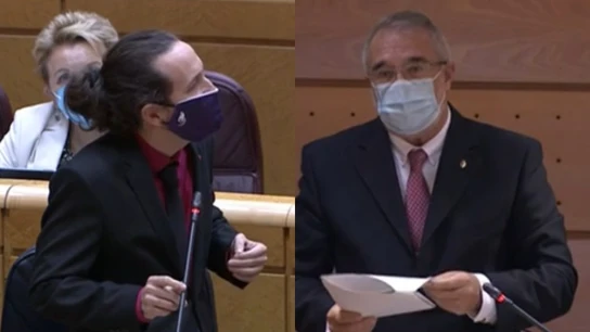 Pablo Iglesias responde al senador de Vox José Manuel Marín Gascón en el Senado. Pablo Iglesias responde al senador de Vox José Manuel Marín Gascón en el Senado.