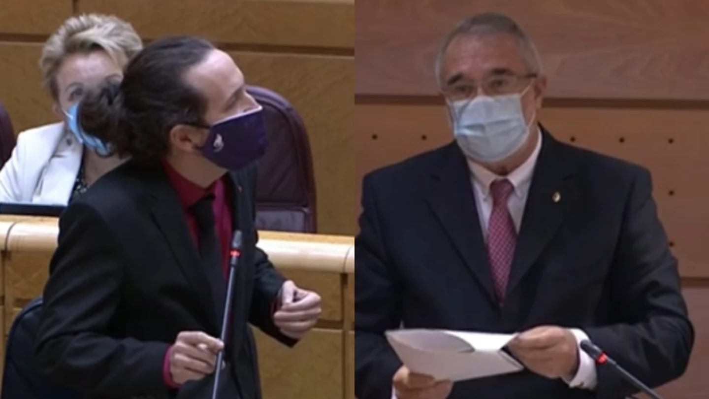Pablo Iglesias responde al senador de Vox José Manuel Marín Gascón en el Senado. Pablo Iglesias responde al senador de Vox José Manuel Marín Gascón en el Senado.