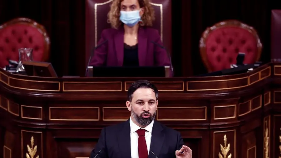 El líder de Vox, Santiago Abascal, durante su intervención durante la moción de censura de su partido