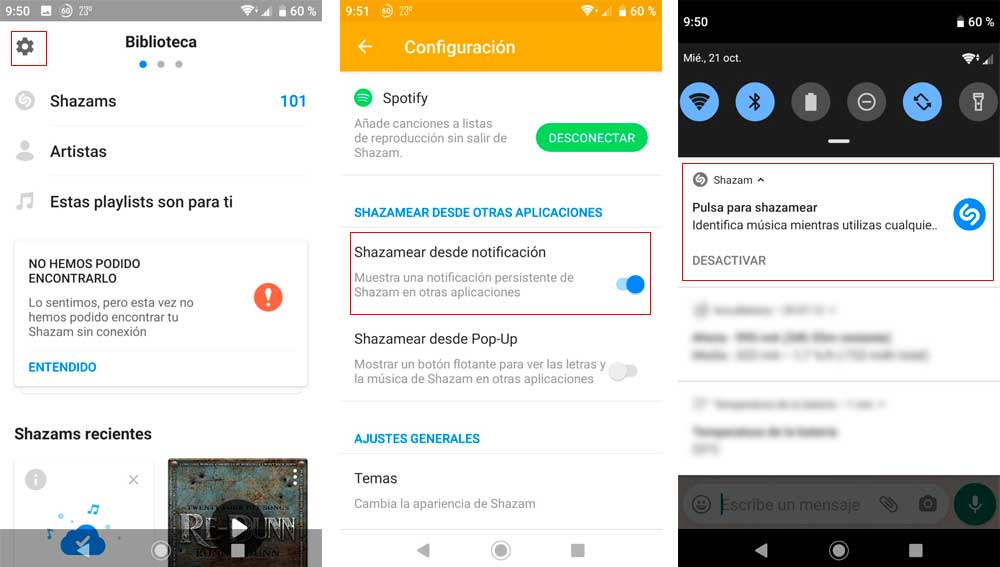 Caza canciones desde la barra de notificaciones sin abrir shazam