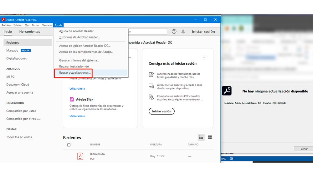 Buscando actualizaciones en Acrobat
