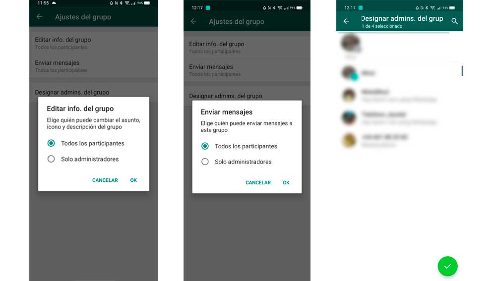 Opciones para los ajustes de grupo