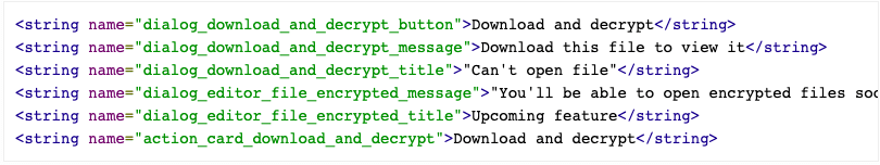 Código de google Drive con referencias a opciones de encriptación.
