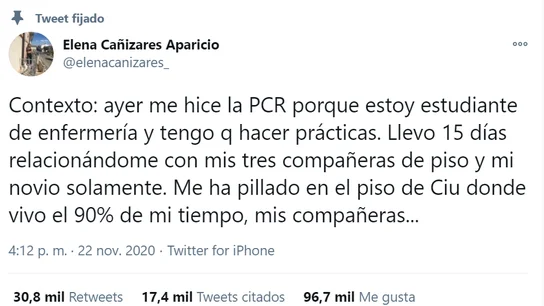 El tuit de la estudiante de enfermería Elena Cañizares El tuit de la estudiante de enfermería Elena Cañizares