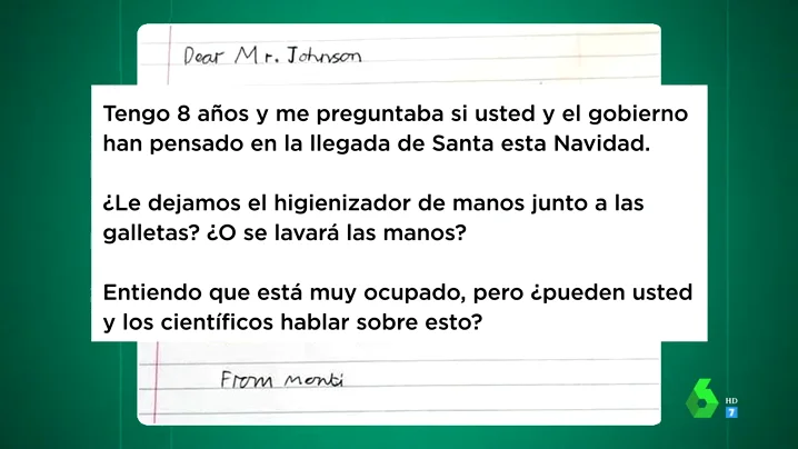 La carta de un niño británico a Boris Johnson sobre la llegada de Papa Noel: "¿Le dejamos el gel hidroalcohólico junto a las galletas?"