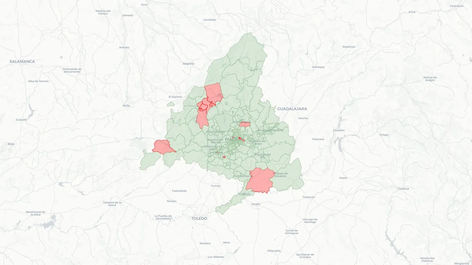 Mapa de zonas con restricciones en la Comunidad de Madrid