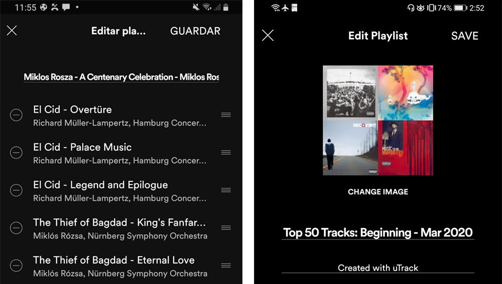 Viejo (i) y nuevo (d) menú de edición de playlists en Spotify para Android.