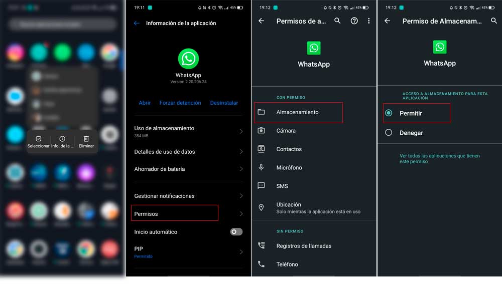 Habilitando permisos de almacenamiento en WhatsApp