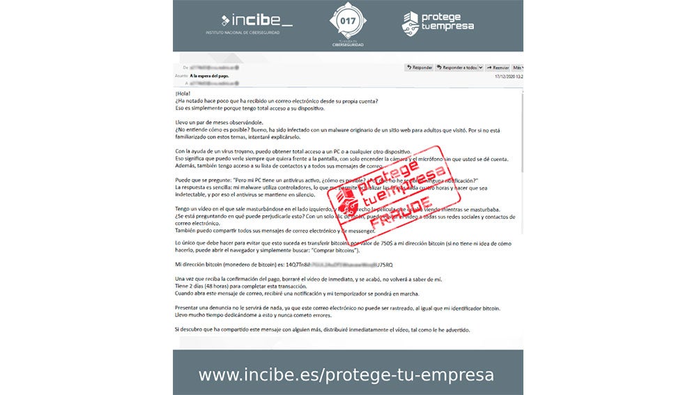 Uno de los correos de extorsión