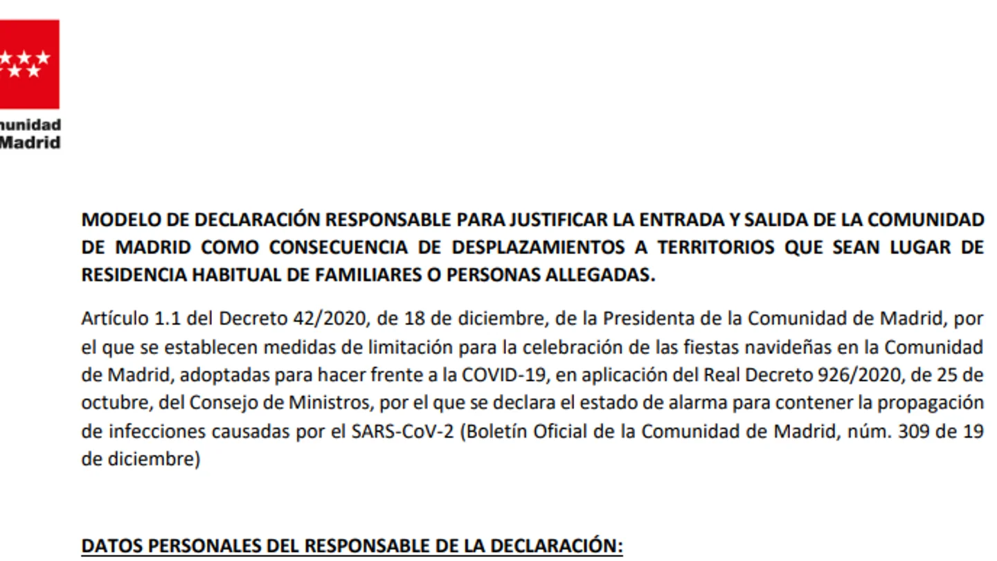 Modelo de declaración responsable para justificar la entrada y salida de la Comunidad de Madrid Modelo de declaración responsable para justificar la entrada y salida de la Comunidad de Madrid