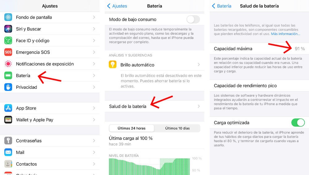 Opciones de carga de batería en iPhone con iOS 14.