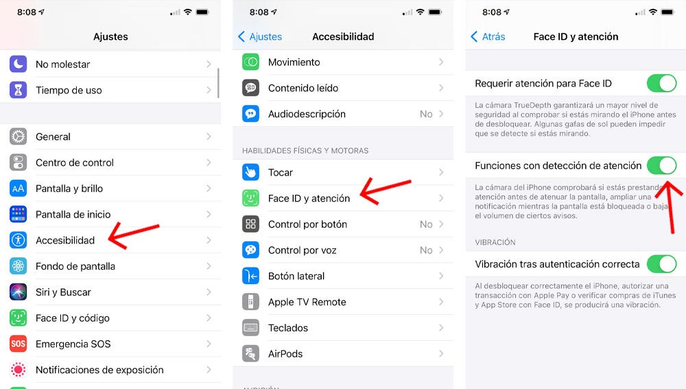 Funciones específicas de identificación de Face ID.