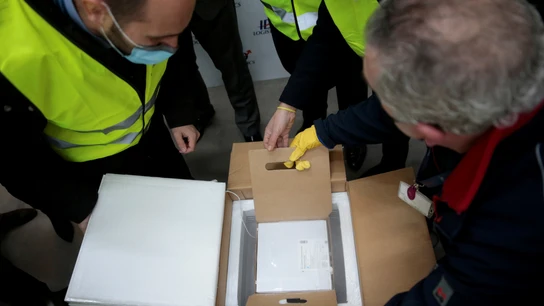 Operarios abren la primera caja con la vacuna de la COVID-19 en Guadalajara Operarios abren la primera caja con la vacuna de la COVID-19 en Guadalajara