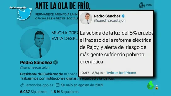 Wyoming recuerda a Sánchez cuando afirmaba que la subida del precio de la luz era "un fracaso de del Gobierno de Rajoy" Wyoming recuerda a Sánchez cuando afirmaba que la subida del precio de la luz era "un fracaso de del Gobierno de Rajoy"