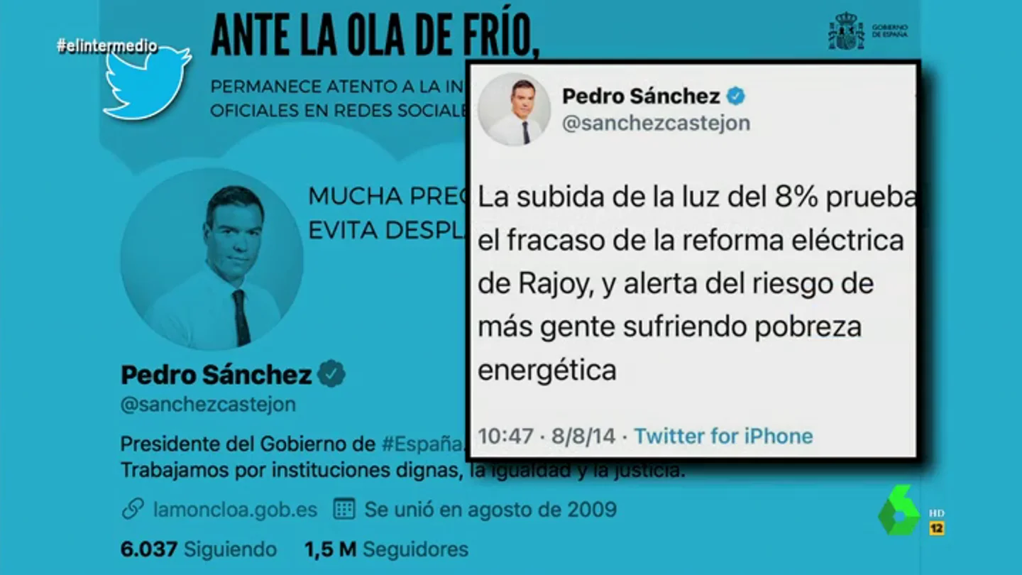 Wyoming recuerda a Sánchez cuando afirmaba que la subida del precio de la luz era "un fracaso de del Gobierno de Rajoy" Wyoming recuerda a Sánchez cuando afirmaba que la subida del precio de la luz era "un fracaso de del Gobierno de Rajoy"