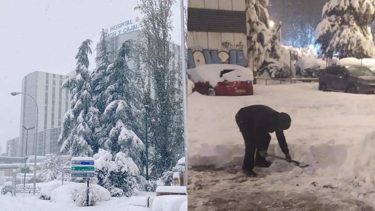 El exterior del hospital madrileño Ramón y Cajal durante dos momentos diferentes de la nevada.