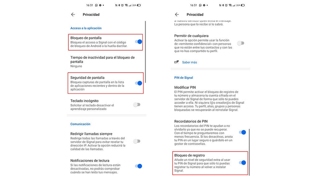 Opciones de seguridad de Signal