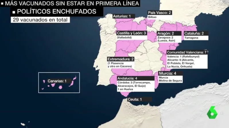 Mapa de los políticos que se han vacunado sin cumplir requisitos