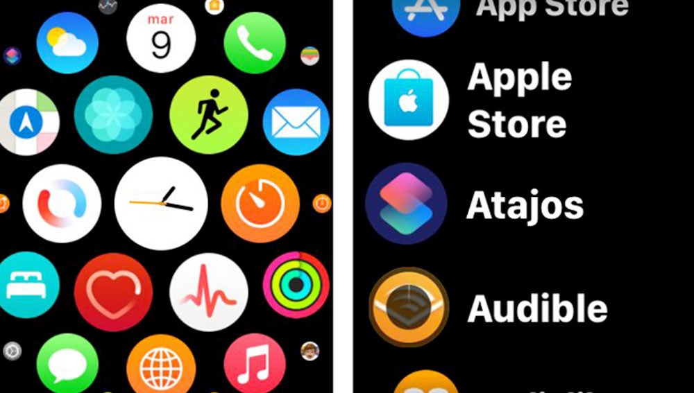 Visualización de apps en mosaico (i) o en lista (d).