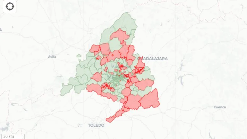 Mapa de confinamientos en la Comunidad de Madrid