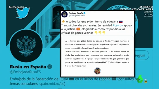 El surrealista comunicado de la Embajada rusa tras la polémica por los presos del procés: "Tranqui chavalas y chavales" El surrealista comunicado de la Embajada rusa tras la polémica por los presos del procés: "Tranqui chavalas y chavales"
