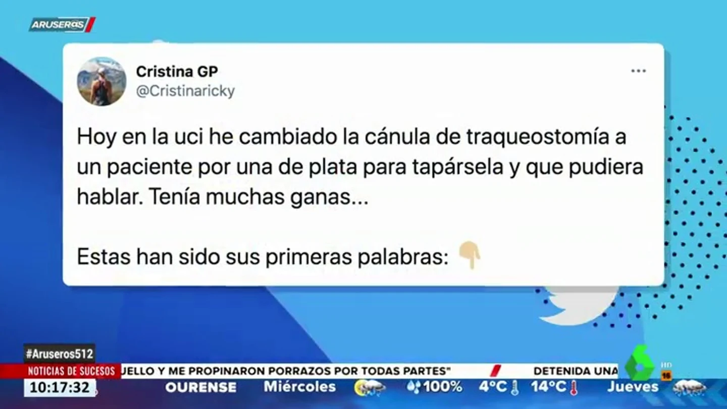 Un paciente vuelve a hablar tras una traqueostomía y deja sin palabras a la enfermera que lo atendía Un paciente vuelve a hablar tras una traqueostomía y deja sin palabras a la enfermera que lo atendía