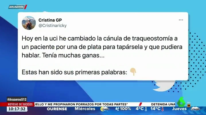 Un paciente vuelve a hablar tras una traqueostomía y deja sin palabras a la enfermera que lo atendía