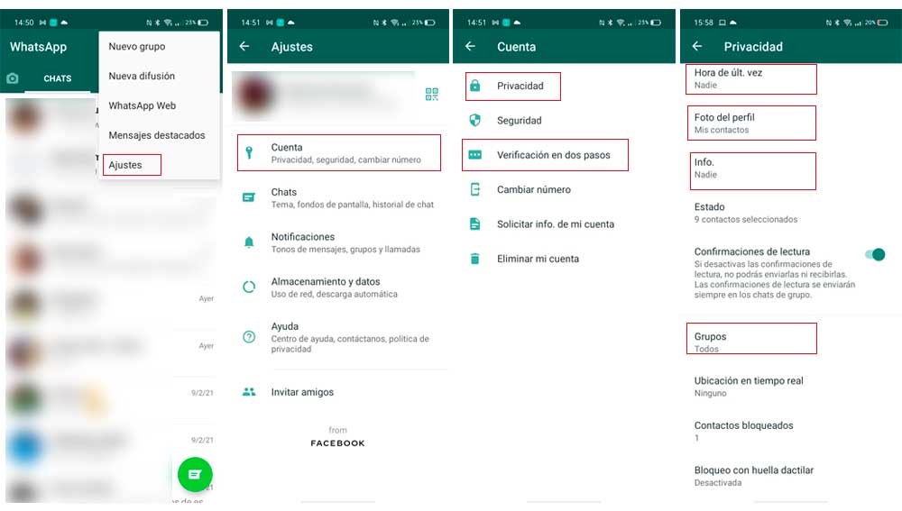 Opciones de privacidad de WhatsApp