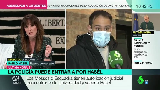 Pablo Hasél, instantes antes de su detención: "Pacífico no va a ser porque me van a secuestrar por la fuerza armada" Pablo Hasél, instantes antes de su detención: "Pacífico no va a ser porque me van a secuestrar por la fuerza armada"